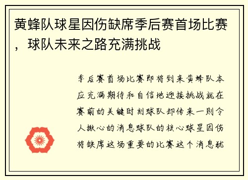黄蜂队球星因伤缺席季后赛首场比赛，球队未来之路充满挑战