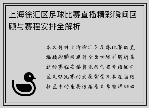 上海徐汇区足球比赛直播精彩瞬间回顾与赛程安排全解析